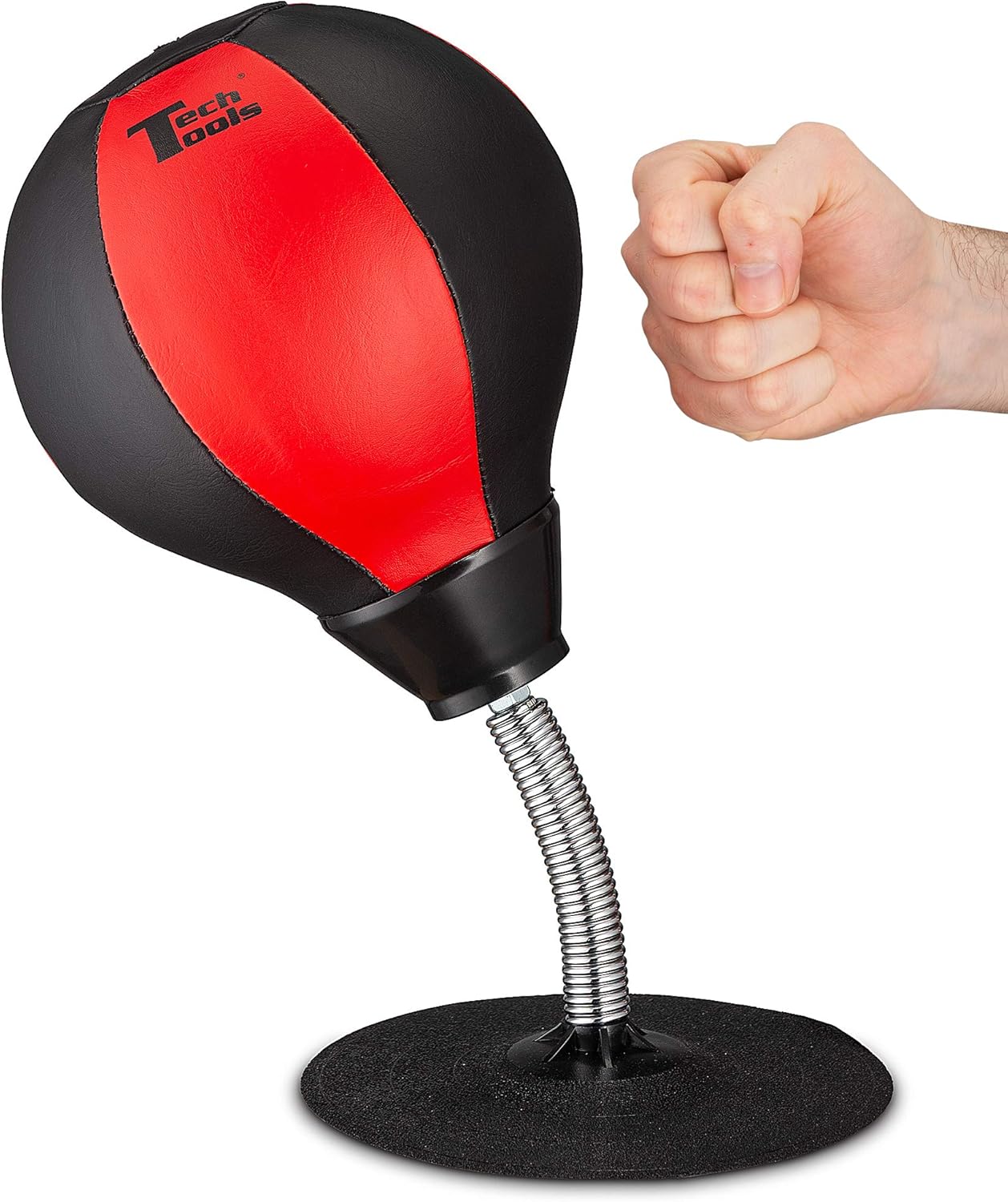 Desktop punching bag with a bright red balloon-style head attached to a desk, a quirky office giftS for coworkers who need stress relief.